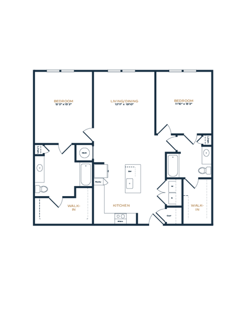 Floor plan for 2 beds, 2 baths, 1265 sqft